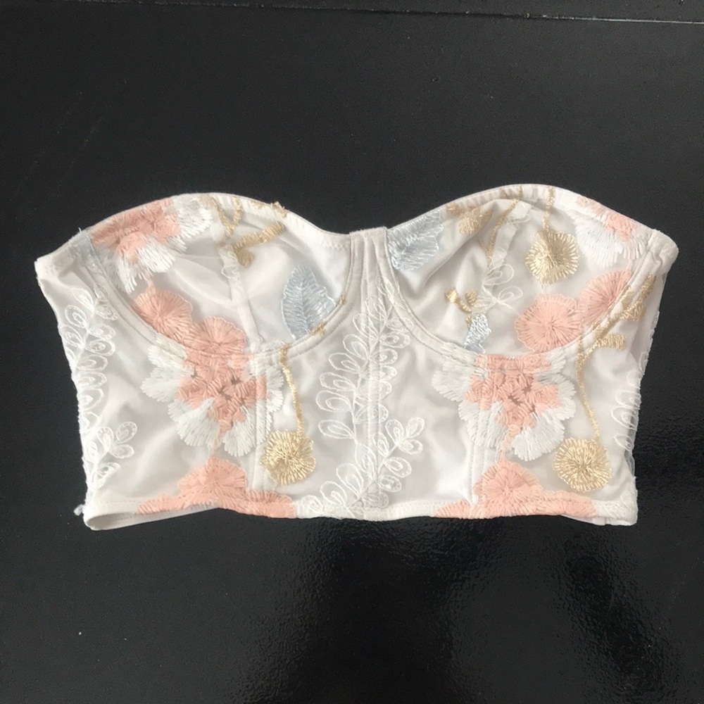 Floral Embroidered Strapless Bandeau Top - White with Peach & Gold Accents